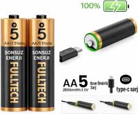 Fulltech FP28 Şarjlı AA Pil 2800mWh 1.5V Type-C Lithium-ion Rechargeable Battery 2’li Paket Hızlı Şarjlı